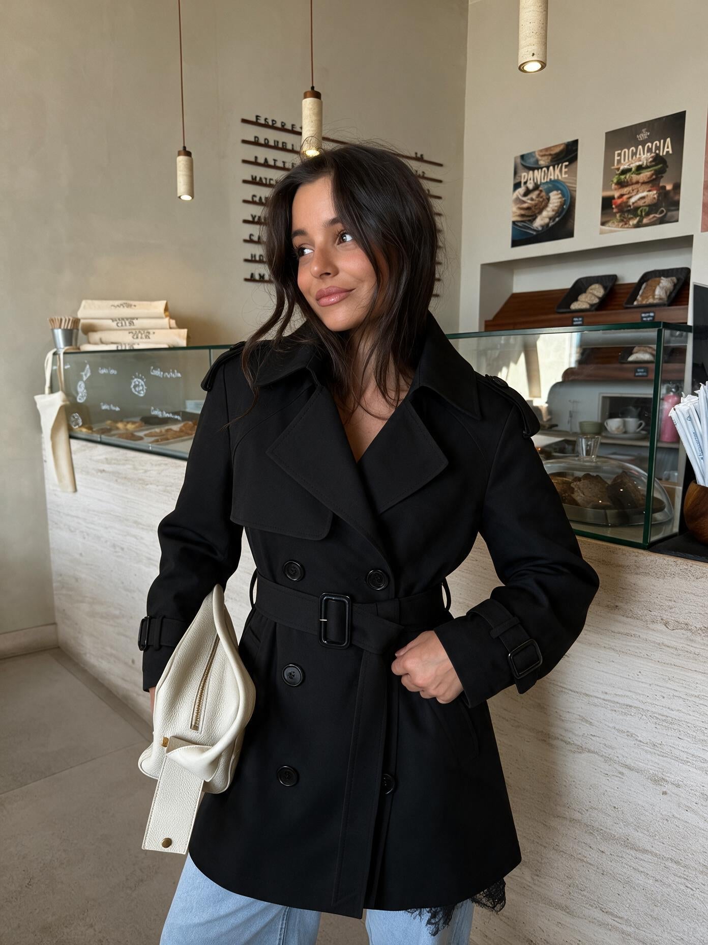 velmara-gen · trench-corto-doppiopetto-misto-cotone · Nero · frontale · 1