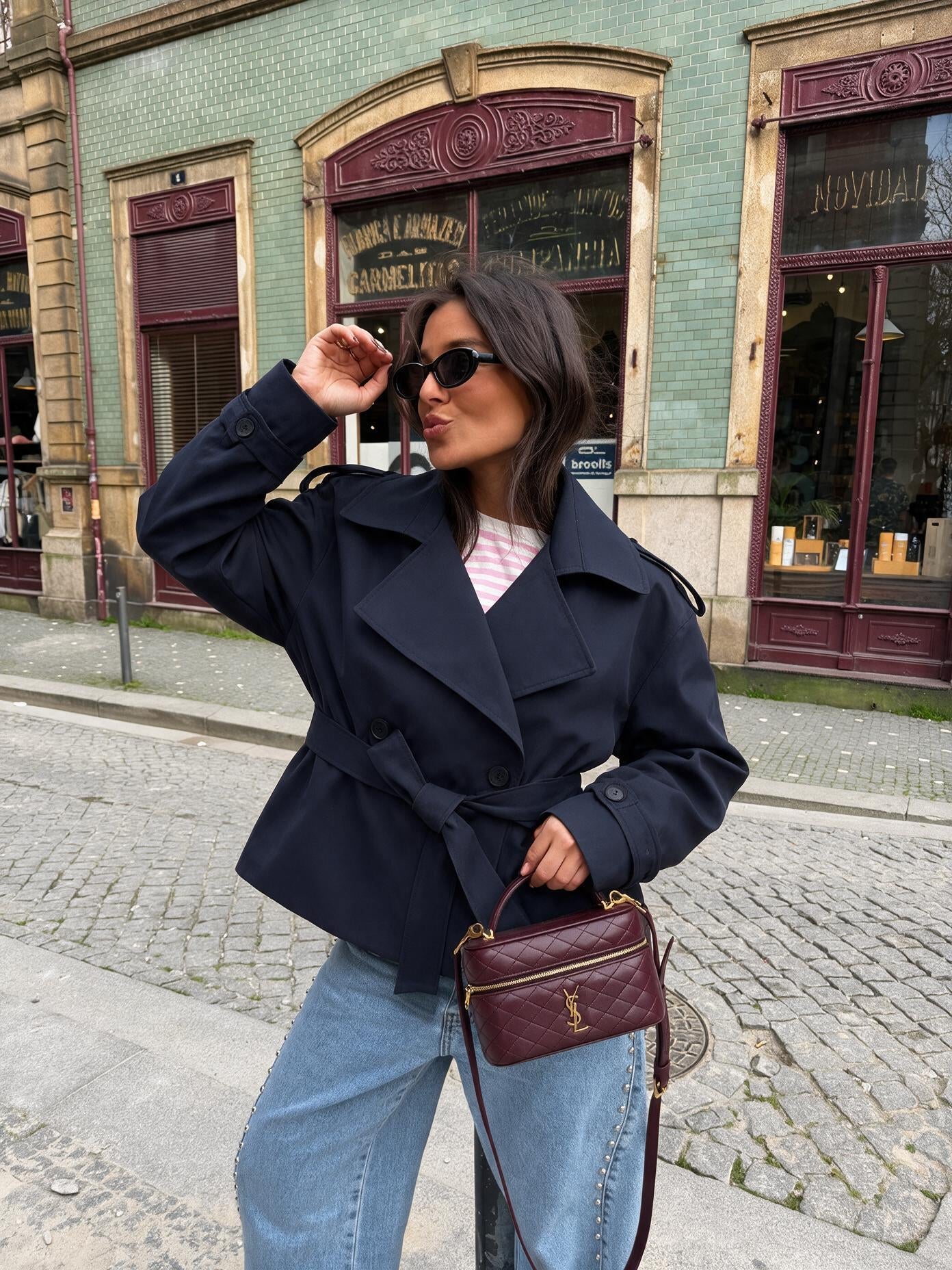 velmara-gen · trench doppiopetto con revers ampio · Blu navy · frontale · 1